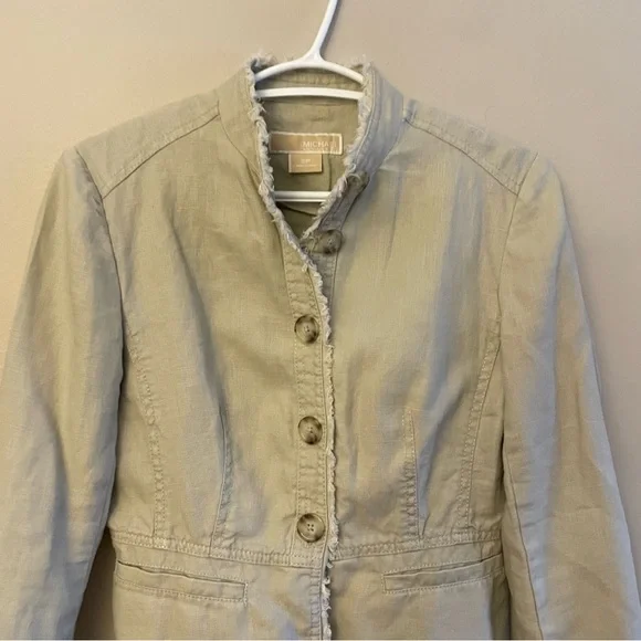 Michael Kors Light Tan Linen Utility Jacket Pleated Ruffle Back – Size 2P  EUC - Picture 4 of 15